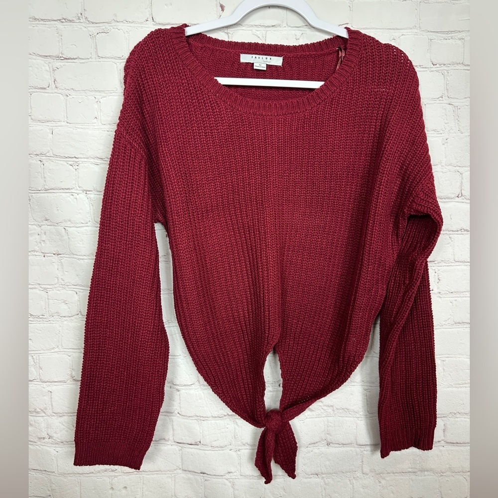 Favlux Fashion womens cropped front tie cable knit sweater red sz M EUC
